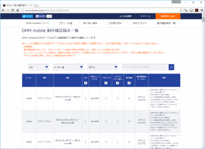 DMM mobileの動作確認端末一覧